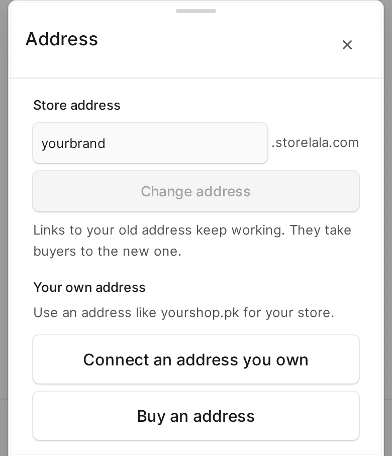 The Address screen in the Storelala admin, with the Connect an address you own button under Your own address