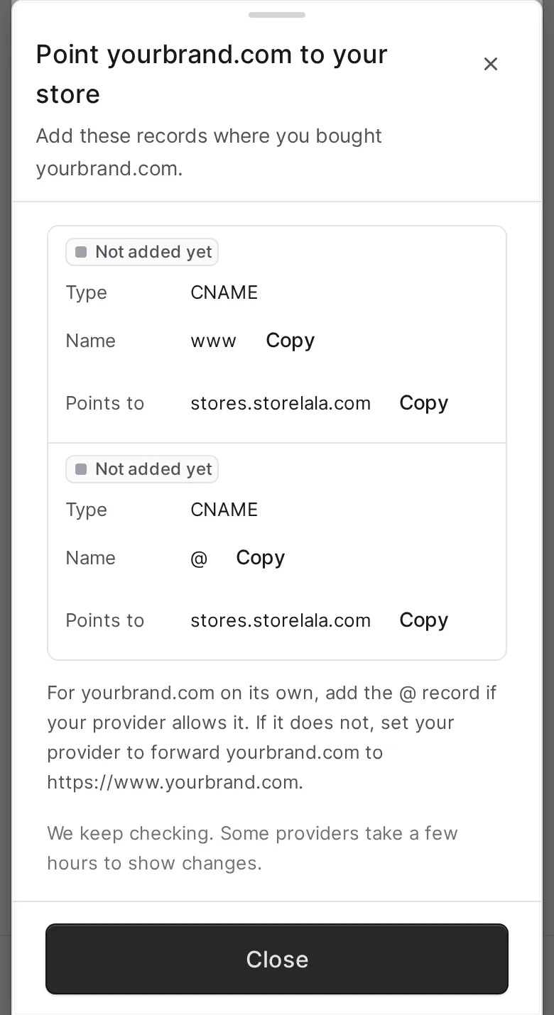 The Point yourbrand.com to your store screen listing a www record and an @ record, both marked Not added yet, each with a Copy button