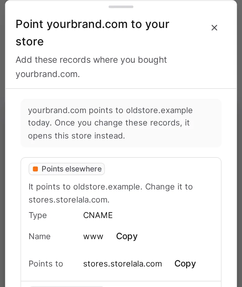 The records screen with a note that yourbrand.com points to oldstore.example today, and a record marked Points elsewhere