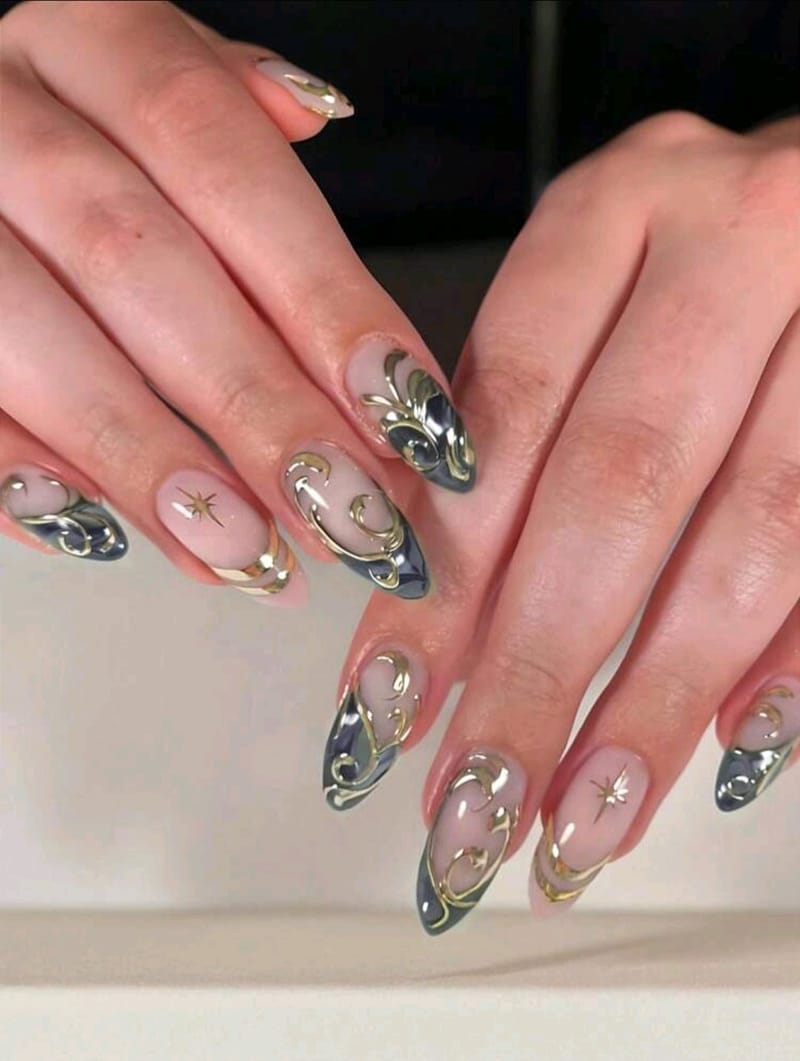 Green French Pointed Tips with 3D Golden Glitter stars