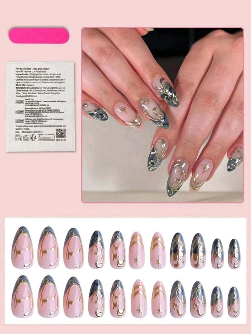 Green French Pointed Tips with 3D Golden Glitter stars, photo 2