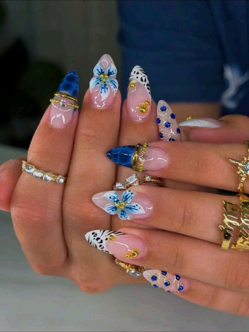 Blue Flower Rhinestone Press-On