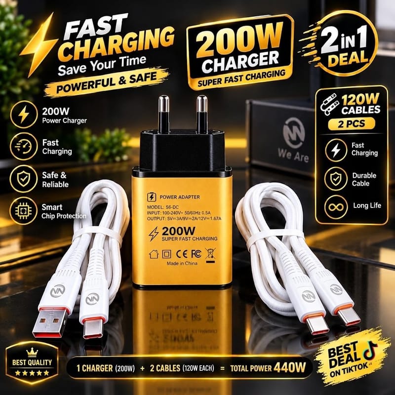 200W Fast Charger Adapter Combo Pack with 3 Cables – 2x 120W Type C to Type C & 1x USB to Type C Fast Data Cable