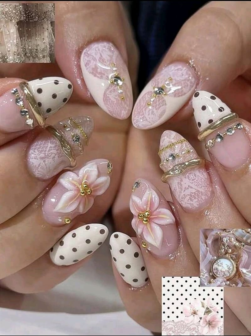 Floral Polka dot Acrylic Nails