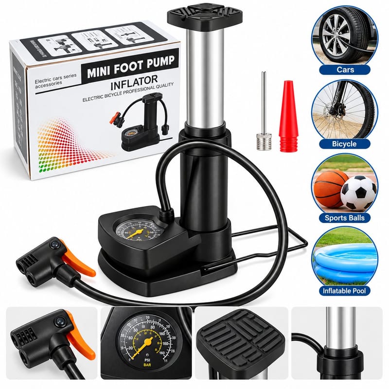 Portable Air Pump With Pressure Meter | Heavy Duty Manual Tyre Inflator Pump for Car, Bike, Bicycle, Motorcycle,