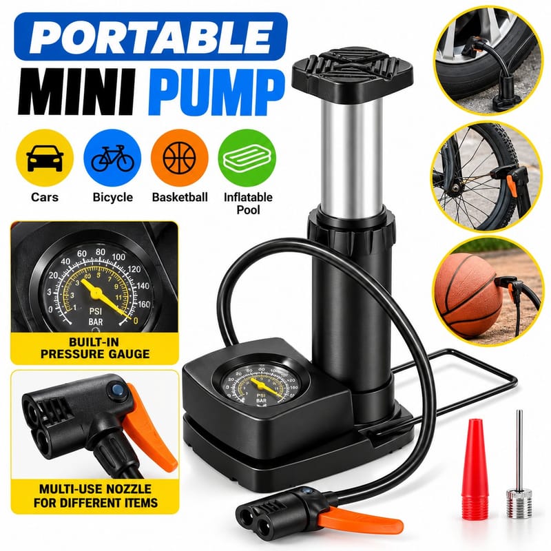 Portable Air Pump With Pressure Meter | Heavy Duty Manual Tyre Inflator Pump for Car, Bike, Bicycle, Motorcycle,, photo 2