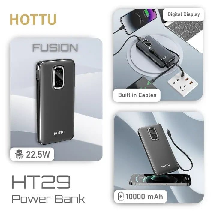 HOTTU HT29 Power Bank – 10000mAh, 22.5W Fast Charging & Built-in Cables (Fusion Series), photo 4