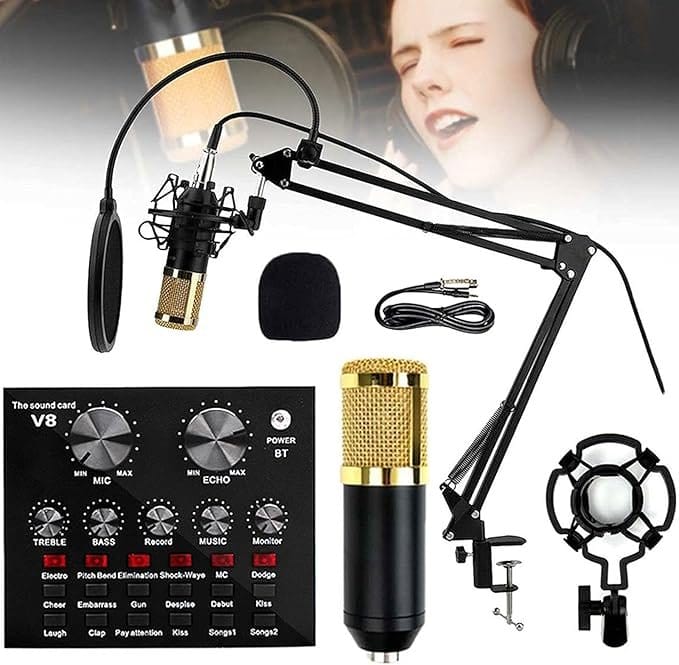 Premium V8 Pro Condenser Microphone Kit With Sound Card Professional Recording Microphone Set With Audio Sound