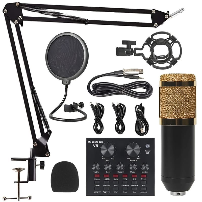 Premium V8 Pro Condenser Microphone Kit With Sound Card Professional Recording Microphone Set With Audio Sound, photo 2