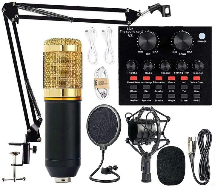 Premium V8 Pro Condenser Microphone Kit With Sound Card Professional Recording Microphone Set With Audio Sound, photo 3