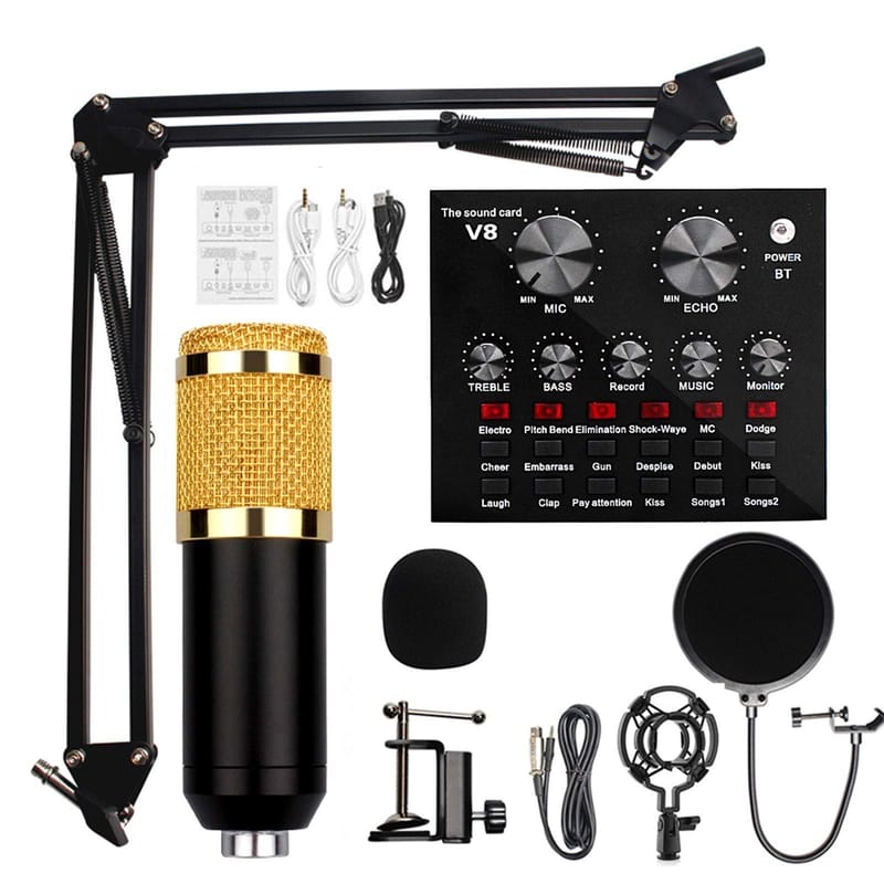 Premium V8 Pro Condenser Microphone Kit With Sound Card Professional Recording Microphone Set With Audio Sound, photo 4