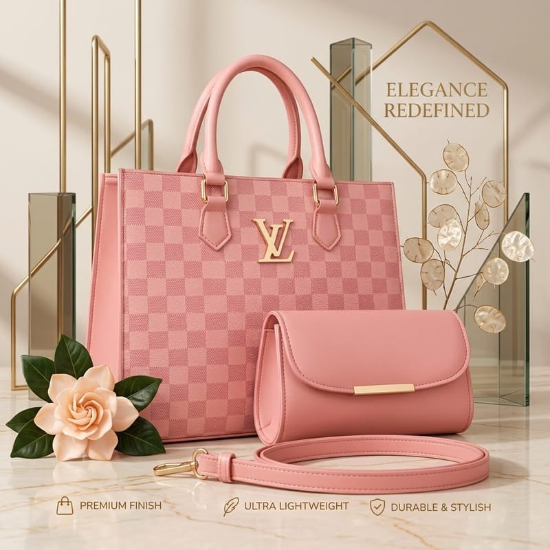 Pink Checkered Handbag Set – Elegant 3-Piece PU Leather Shoulder Bag, Crossbody & Pouch, photo 2