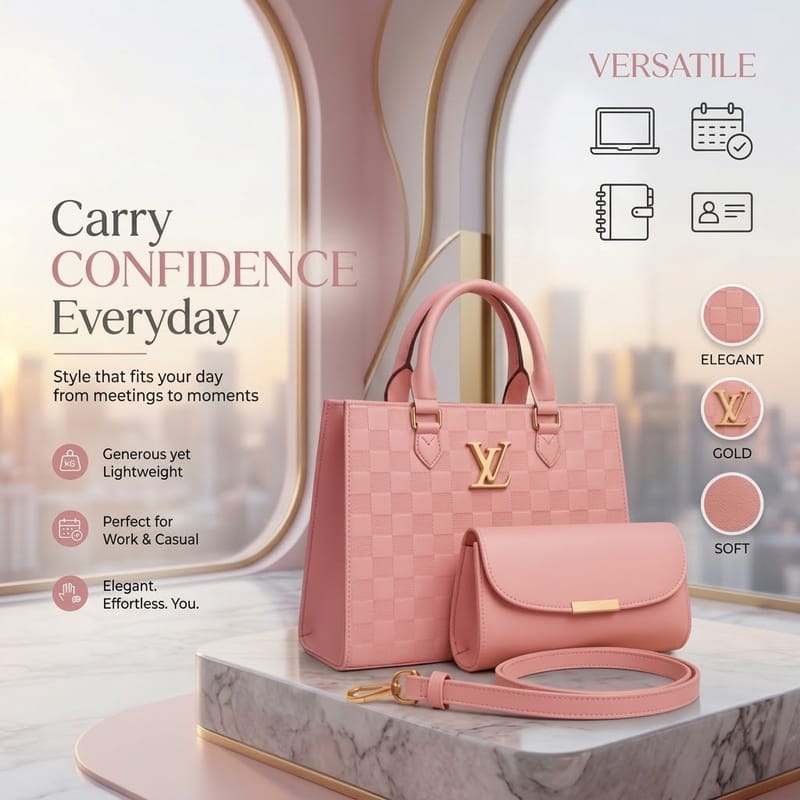 Pink Checkered Handbag Set – Elegant 3-Piece PU Leather Shoulder Bag, Crossbody & Pouch