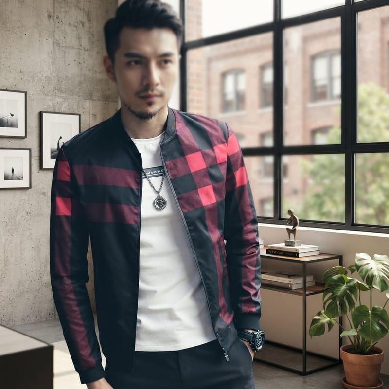 Men's Black Checkered Bomber Jacket, photo 3