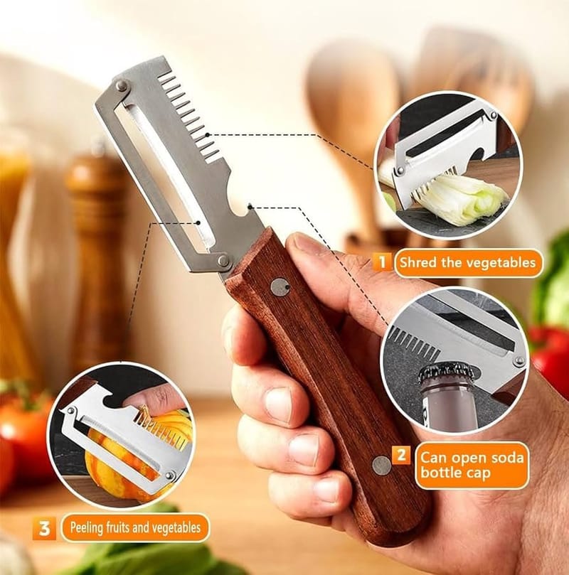 3 In 1 Multipurpose Stainless Steel Peeler Knife And Bottle Opener - Wooden Handle, photo 2
