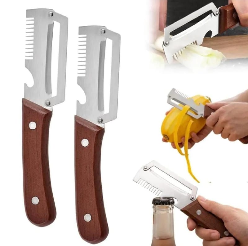 3 In 1 Multipurpose Stainless Steel Peeler Knife And Bottle Opener - Wooden Handle, photo 3