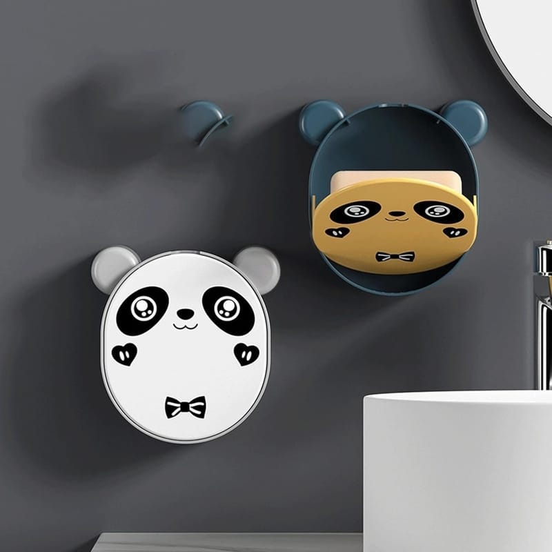 Wall Mounted Cute Panda Soap Dish Holder – Punch-Free Plastic Soap Box Rack for Bathroom