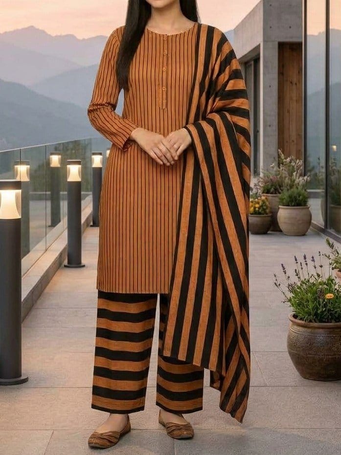 Winter Sussi Marina 3 Piece Unstitched Suit Fashion Apparel Accessory - Orange & Black, photo 3
