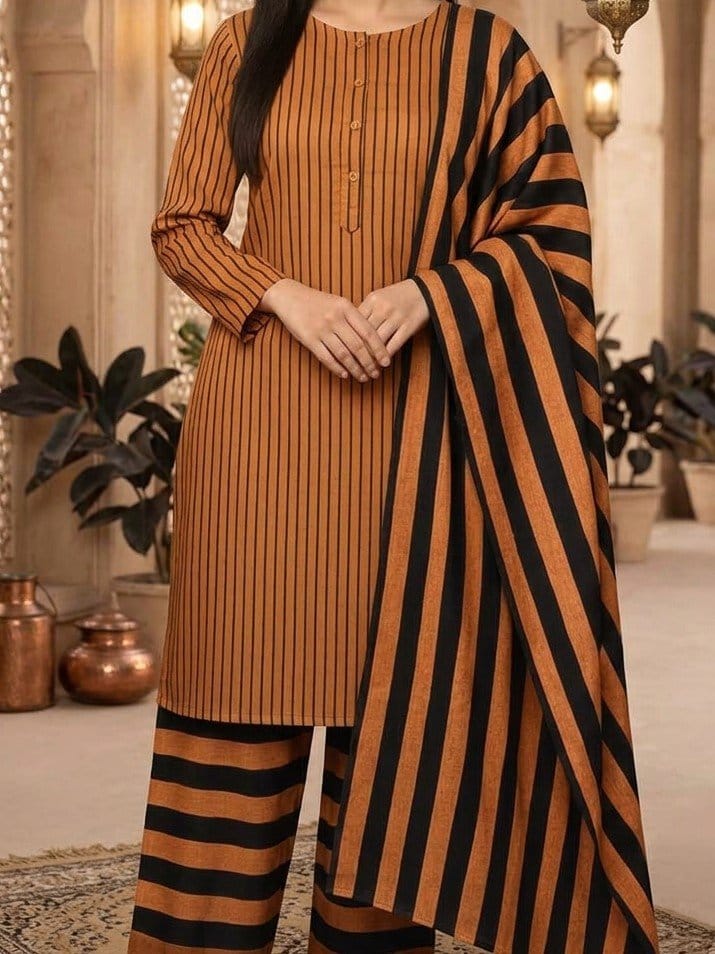 Winter Sussi Marina 3 Piece Unstitched Suit Fashion Apparel Accessory - Orange & Black, photo 4