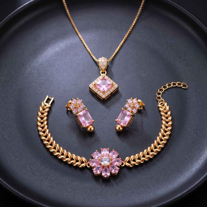 Latest Pink Crystal Gold Plated Jewelry Set Design 2026 | Stylish Pendant Set, photo 2