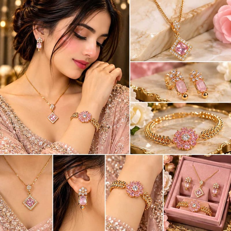 Latest Pink Crystal Gold Plated Jewelry Set Design 2026 | Stylish Pendant Set, photo 3