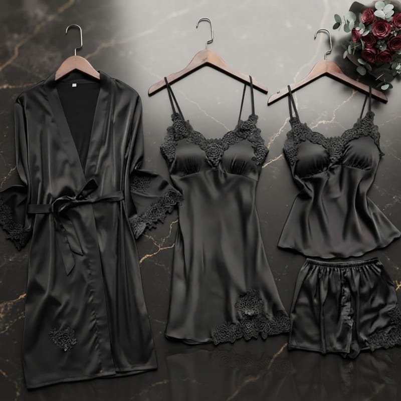 Black 5-Piece Elegant Lace Satin Nightwear Set