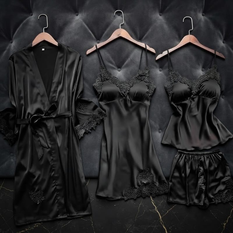 Black 5-Piece Elegant Lace Satin Nightwear Set, photo 2