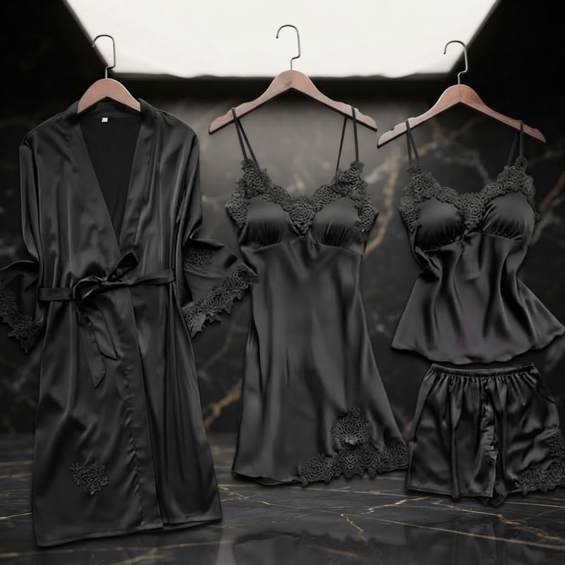 Black 5-Piece Elegant Lace Satin Nightwear Set, photo 3