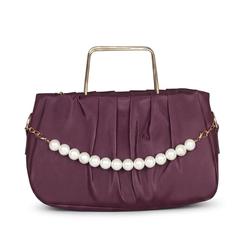 Elegant Pleated Maroon Handbag with Pearl Detail