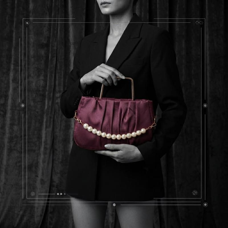 Elegant Pleated Maroon Handbag with Pearl Detail, photo 2