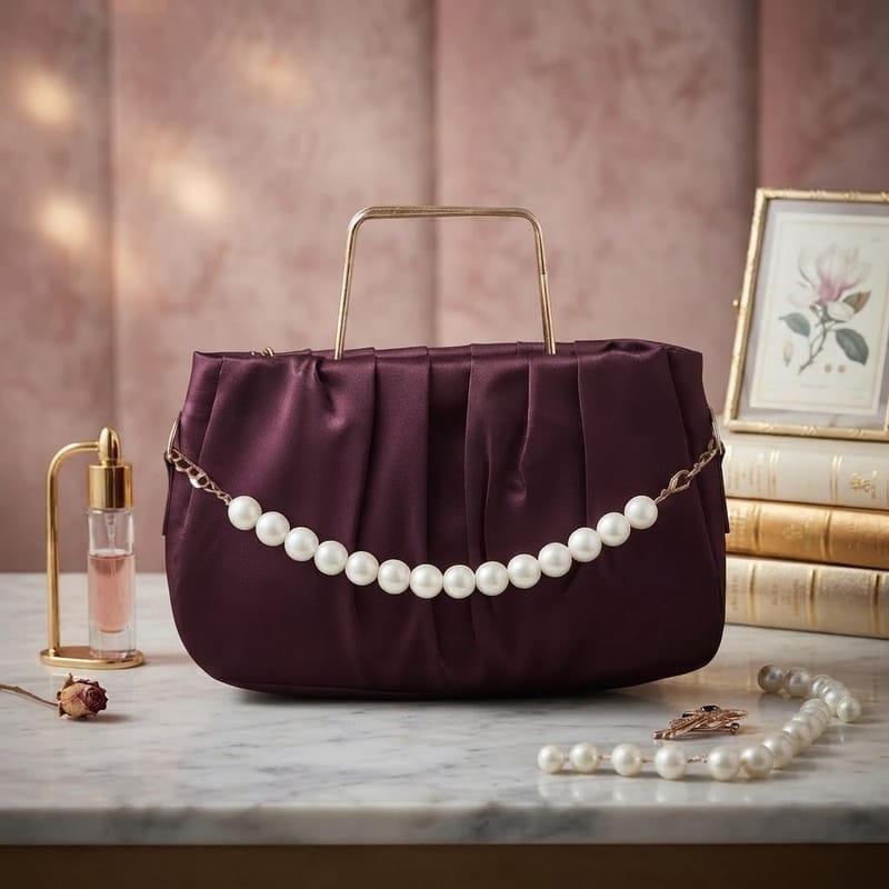 Elegant Pleated Maroon Handbag with Pearl Detail, photo 3