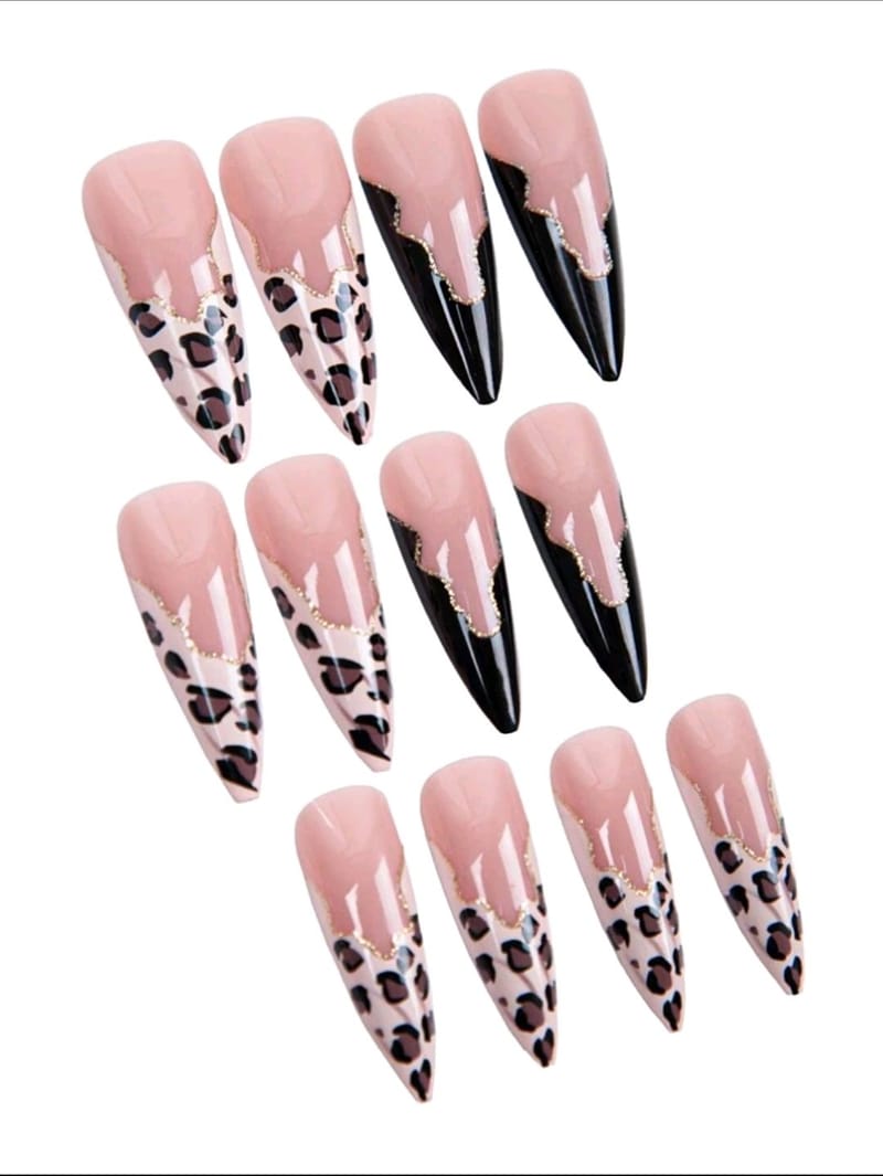 Black&Brown Leapoard Print French long Pointed Press-On Nails, photo 2