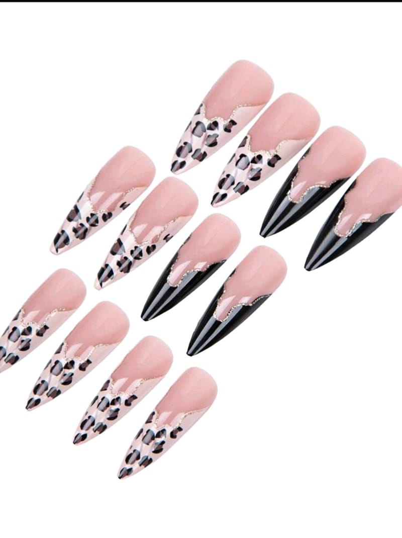 Black&Brown Leapoard Print French long Pointed Press-On Nails, photo 3