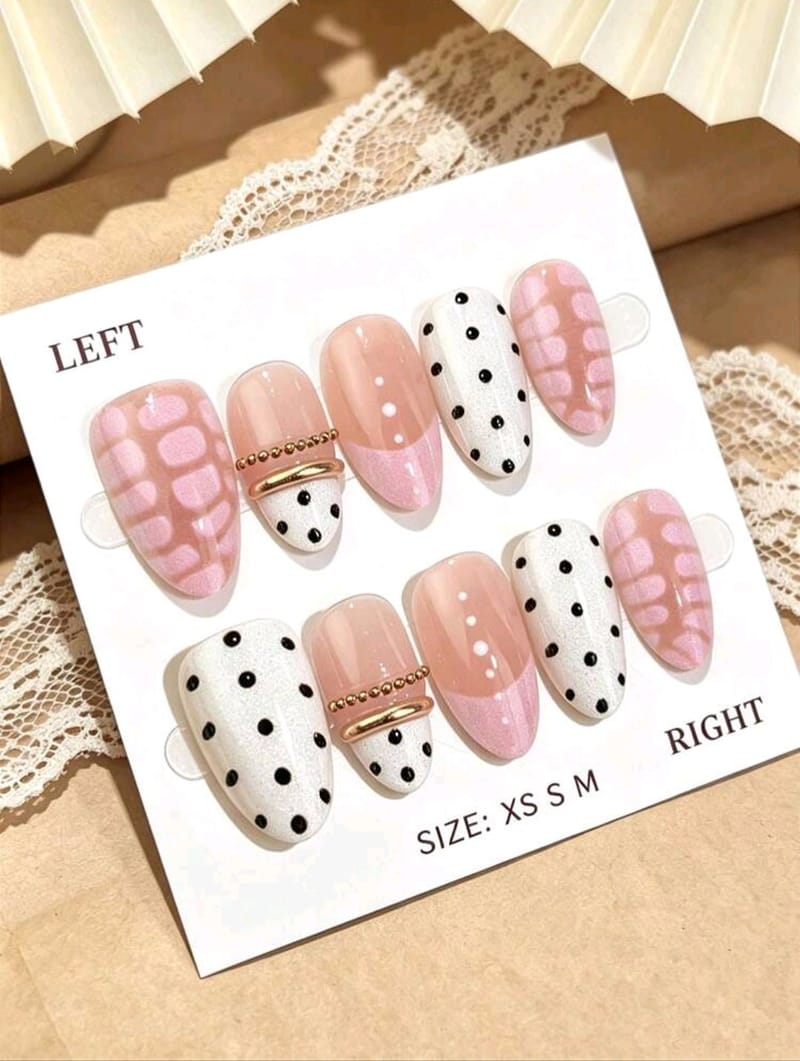 Medium Almond Nails Pink with Polka Dot