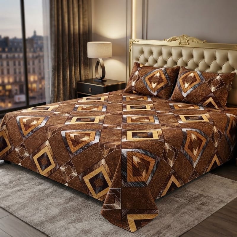 3D Crystal Cotton 3PC Bedsheet Set With Multicoloured Geometric Design And 2 Piping Pillow Covers, photo 2