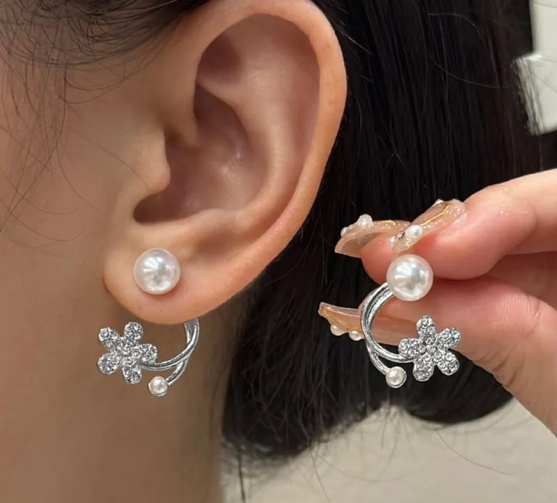 Flower Pearl Zircon Earrings Golden Silver Lightweight, photo 2