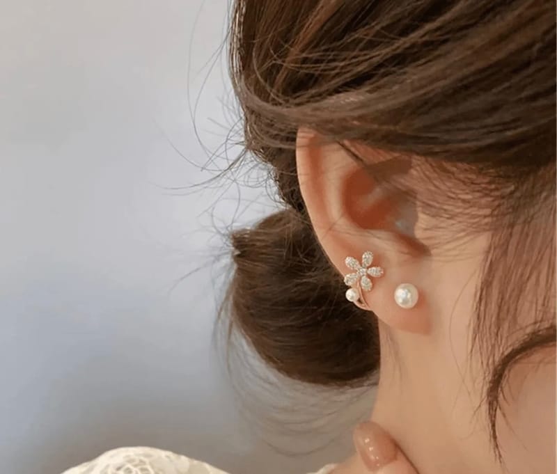 Flower Pearl Zircon Earrings Golden Silver Lightweight, photo 3