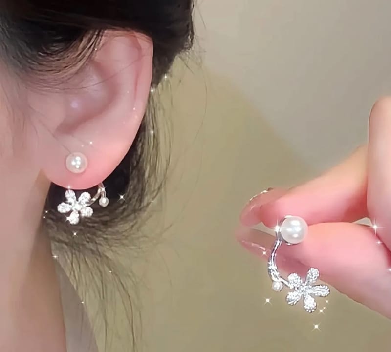 Flower Pearl Zircon Earrings Golden Silver Lightweight, photo 6