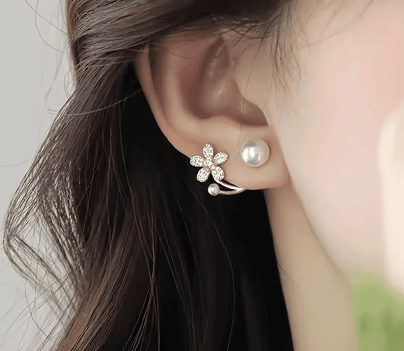 Flower Pearl Zircon Earrings Golden Silver Lightweight, photo 8