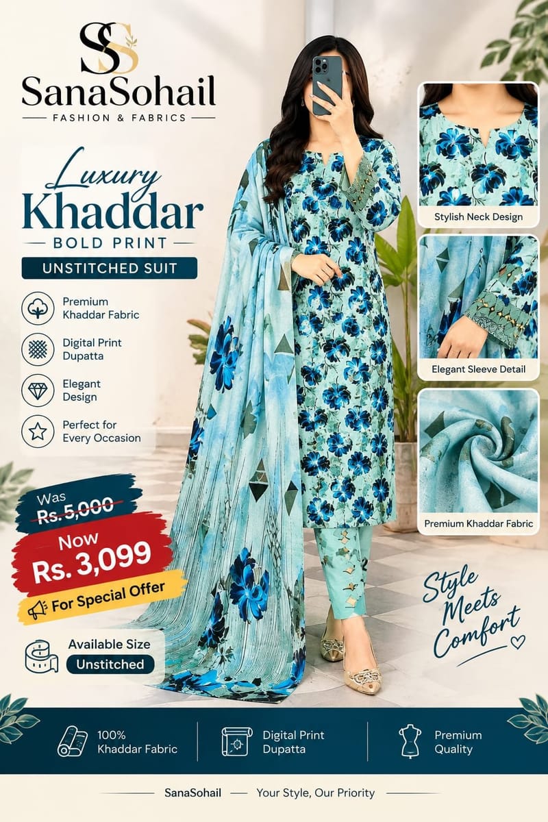 SanaSohail Luxury Blue Floral Khaddar Unstitched Suit with Digital Print Dupatta