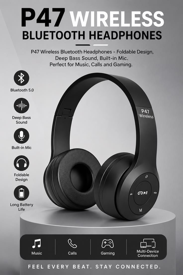🎧 P47 Wireless Bluetooth Headphones – Black