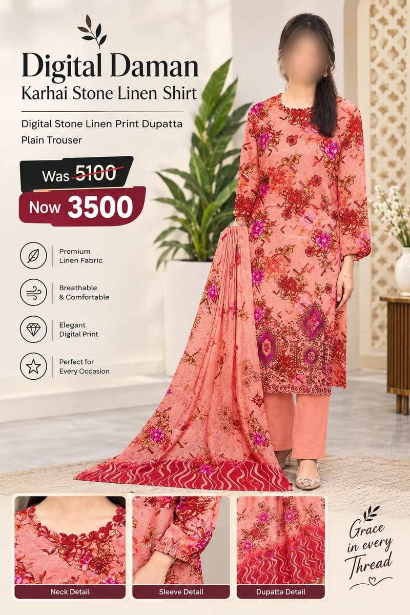 Peach Floral Digital Stone Linen 3-Piece Suit with Printed Dupatta