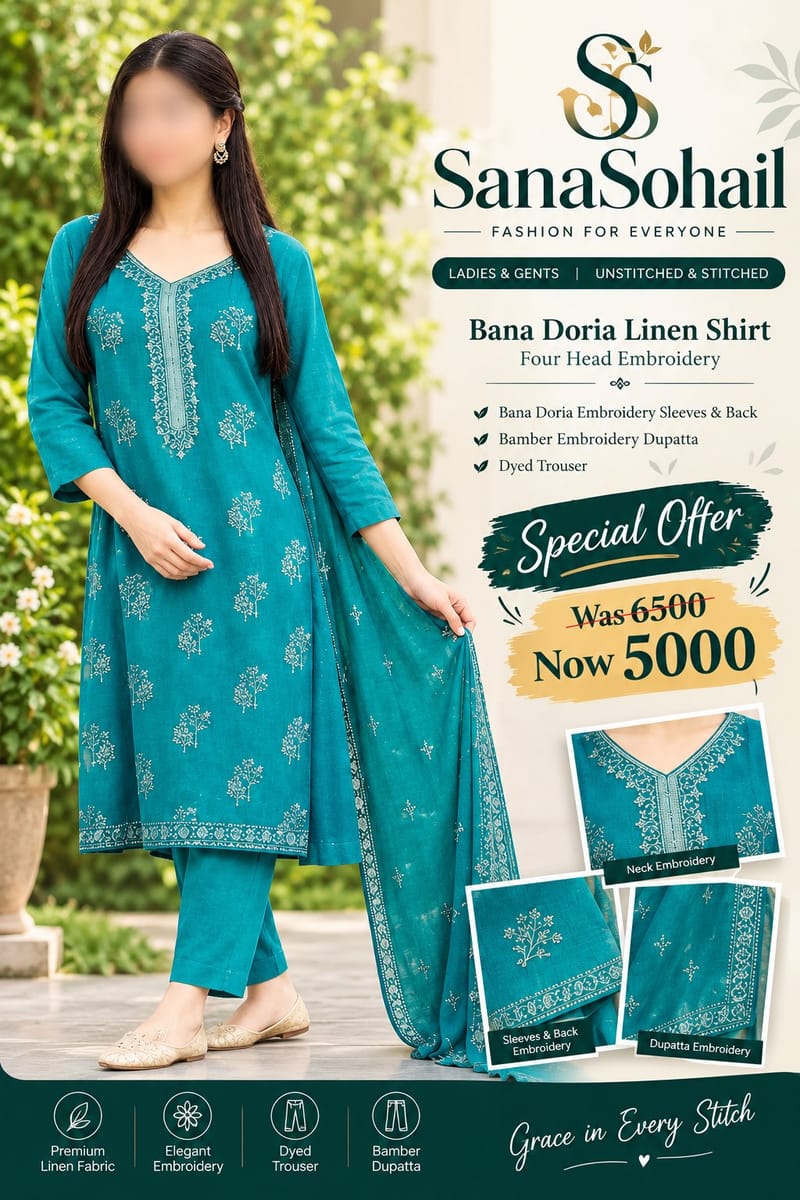 SanaSohail Premium Teal Bana Doria Linen Embroidered 3-Piece Suit