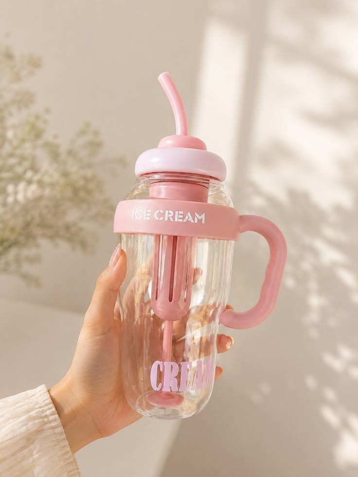 Cute Ice Cream Water Bottle With Straw & Strap 1000ml