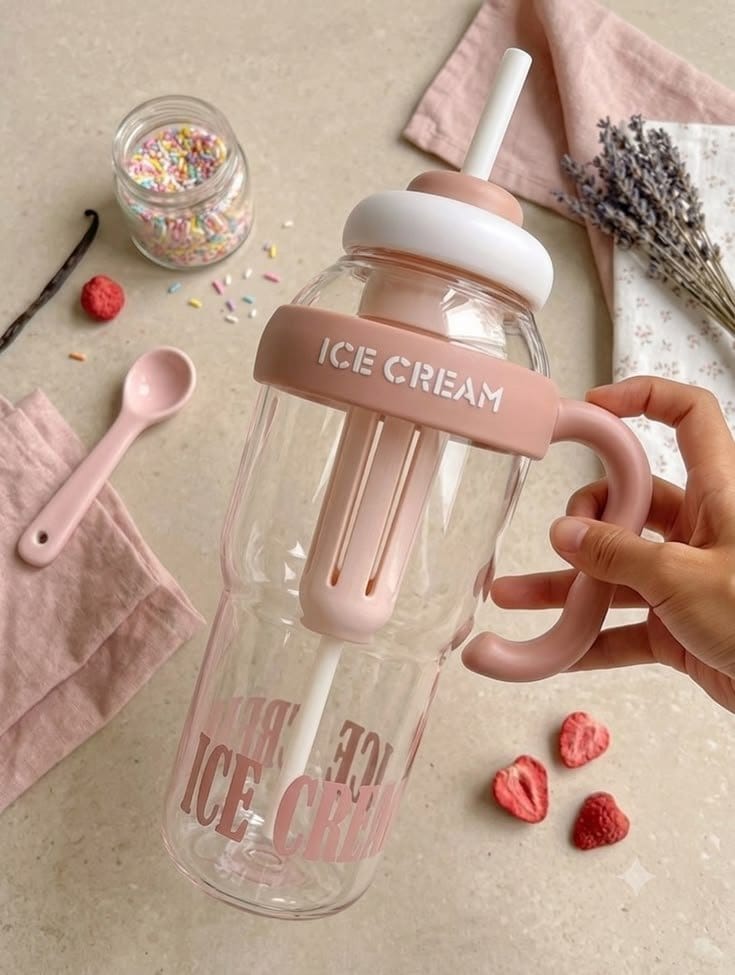 Cute Ice Cream Water Bottle With Straw & Strap 1000ml, photo 2