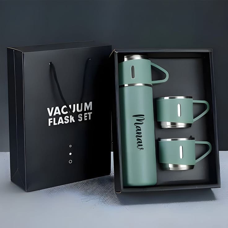 Vacuum Flask Set Black Stainless Steel 12Hr Thermal Insulation Hot And Cold