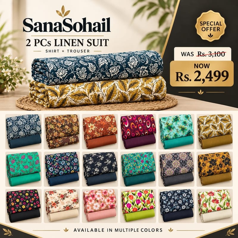 SanaSohail Premium Printed Linen 2-Piece Suit – Shirt & Trouser (Multiple Colors)