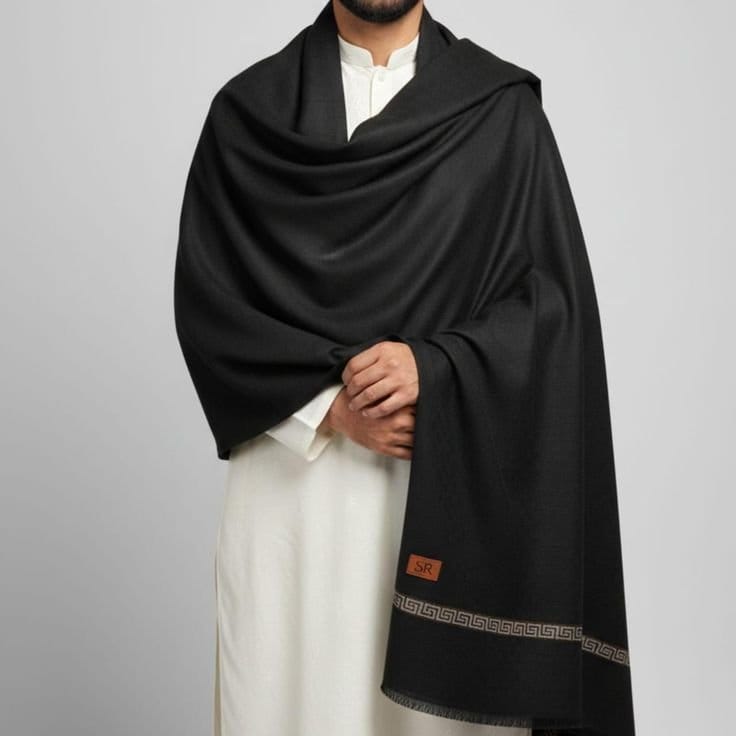 Men’s Wool Shawl – Plain Black, photo 3