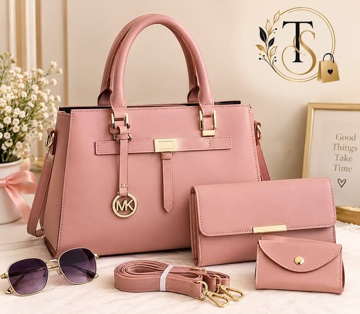 Pink Women's PU Leather 3-Piece Handbag Set - Tote + Crossbody + Clutch, photo 2