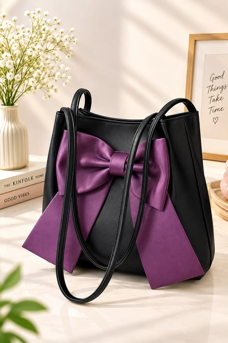 Black Plain Leather Shoulder Bag For Girls - Daily Use